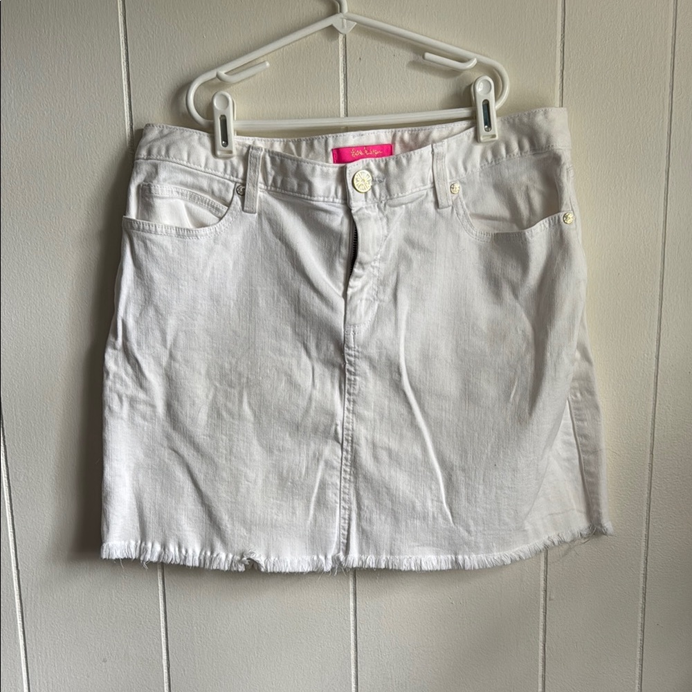Lilly PulitzerResort White Denim Kooper Skirt Mini Frayed Hem Sz 10